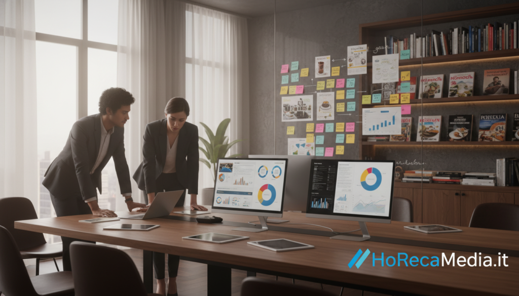A dynamic, modern office space dedicated to the Ho.Re.Ca. sector, featuring a large wooden table with digital devices displaying graphs and charts related to editorial strategy. In the foreground, a team of three diverse professionals in business attire collaborate over a laptop, engaged in deep discussion. The middle ground shows a whiteboard filled with post-it notes and strategic planning elements. Soft, natural lighting filters through large windows, creating an inviting atmosphere. In the background, shelves are lined with industry-related books and magazines, emphasizing knowledge and expertise. The overall mood is focused and innovative, representing the integration of AI into editorial planning. Include a subtle branding element for "HoReCaMedia.it" in the composition.