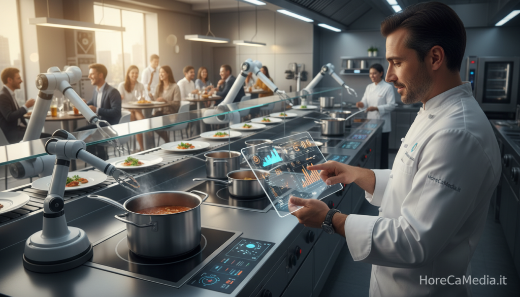 A dynamic, modern restaurant kitchen scene showcasing the impact of artificial intelligence in operational management. In the foreground, a professional chef, dressed in a crisp white uniform, interacts with a sleek digital tablet displaying data analytics. In the middle, automated cooking devices and robotic arms assist in food preparation, symbolizing efficiency and innovation in the culinary world. The background features a vibrant dining area with satisfied customers, enhancing the lively atmosphere. Soft, warm lighting highlights the meticulous details of the kitchen while a subtle futuristic glow emanates from the AI tools. Overall, the image conveys a seamless integration of technology and hospitality, embodying the trends in the Ho.Re.Ca. sector for 2026. Include the brand "HoReCaMedia.it" subtly in the composition. A dynamic, modern restaurant kitchen scene showcasing the impact of artificial intelligence in operational management. In the foreground, a professional chef, dressed in a crisp white uniform, interacts with a sleek digital tablet displaying data analytics. In the middle, automated cooking devices and robotic arms assist in food preparation, symbolizing efficiency and innovation in the culinary world. The background features a vibrant dining area with satisfied customers, enhancing the lively atmosphere. Soft, warm lighting highlights the meticulous details of the kitchen while a subtle futuristic glow emanates from the AI tools. Overall, the image conveys a seamless integration of technology and hospitality, embodying the trends in the Ho.Re.Ca. sector for 2026. Include the brand "HoReCaMedia.it" subtly in the composition.