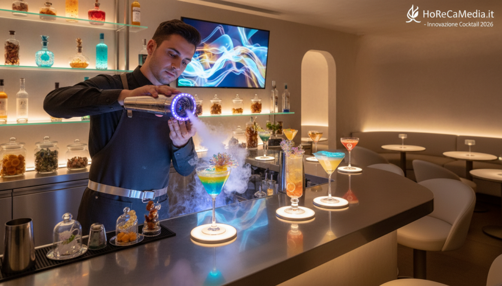 A futuristic cocktail bar interior with an emphasis on neuro-sensory mixology in 2026. In the foreground, a skilled bartender, dressed in sleek professional attire, skillfully prepares a vibrant, multi-layered cocktail using innovative tools that incorporate sensory elements, such as aromatic diffusers and LED lights. The middle ground features an array of beautifully displayed cocktails, with unique garnishes that sparkle under soft, ambient lighting. The background showcases a stylish bar setup with sleek, modern furniture, illuminated shelves filled with translucent bottles, and a curated selection of exotic ingredients. The atmosphere is lively yet sophisticated, ideal for a contemporary Italian aperitivo experience. Soft, warm lighting enhances the inviting environment. This image is for HoReCaMedia.it, emphasizing trends in cocktail innovation for 2026. A futuristic cocktail bar interior with an emphasis on neuro-sensory mixology in 2026. In the foreground, a skilled bartender, dressed in sleek professional attire, skillfully prepares a vibrant, multi-layered cocktail using innovative tools that incorporate sensory elements, such as aromatic diffusers and LED lights. The middle ground features an array of beautifully displayed cocktails, with unique garnishes that sparkle under soft, ambient lighting. The background showcases a stylish bar setup with sleek, modern furniture, illuminated shelves filled with translucent bottles, and a curated selection of exotic ingredients. The atmosphere is lively yet sophisticated, ideal for a contemporary Italian aperitivo experience. Soft, warm lighting enhances the inviting environment. This image is for HoReCaMedia.it, emphasizing trends in cocktail innovation for 2026.