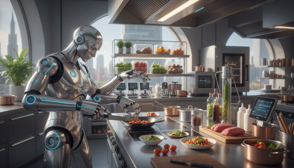 A futuristic kitchen scene illustrating the evolution of robotics in the food industry. In the foreground, a sleek, advanced robotic chef prepares vibrant dishes with precision, showcasing automated cooking tools. The middle ground features a well-organized workstation with various food items and smart kitchen equipment, blending traditional culinary tools with high-tech devices. In the background, a modern kitchen design with large windows allows natural light to flood the space, enhancing the atmosphere of innovation and efficiency. Soft shadows create a dynamic interplay of light, giving a warm, inviting feel. The overall mood reflects progress and sophistication in the HoReCa sector, emphasizing a seamless integration of technology in cooking. This scene is perfect for showcasing the advancements in culinary robotics. HoReCaMedia.it