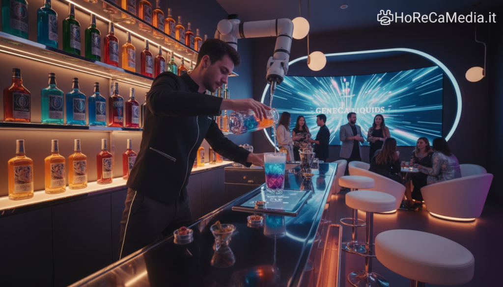 A futuristic mixology bar scene, showcasing the evolution of cocktail culture in 2026. In the foreground, a skilled bartender in smart casual attire expertly crafts a vibrant cocktail with colorful ingredients, using innovative tools and techniques. In the middle, shelves lined with unique bottles exhibit an array of artisanal spirits, each label artfully designed. The bar features sleek, modern furniture with a glossy finish and warm ambient lighting that creates an inviting atmosphere. In the background, patrons engage in lively conversation, their faces illuminated by soft, glowing lights, emphasizing a sense of community and sophistication. The overall mood is vibrant and dynamic, reflecting a contemporary mixology experience. Capture this scene with a cinematic angle, highlighting the depth and interaction within the space, while ensuring clarity and vivid colors. HoReCaMedia.it.