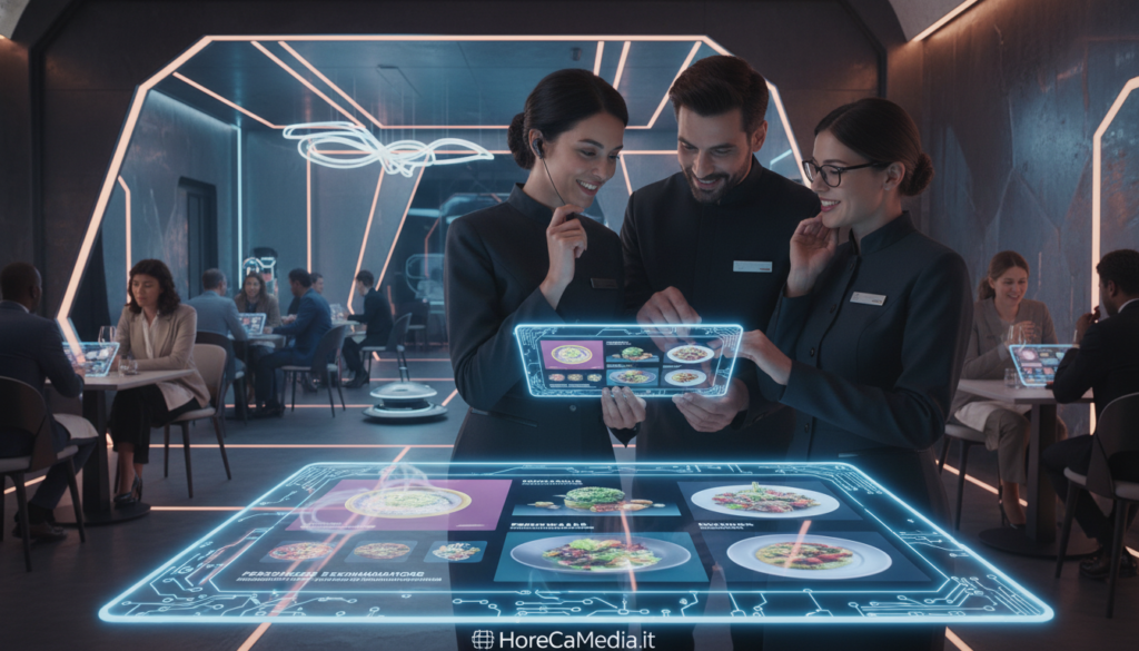 A futuristic restaurant scene showcasing the integration of artificial intelligence in the food service industry. In the foreground, a sleek, modern AI-powered tablet displays an interactive menu with vibrant food images. In the middle, a diverse team of professional staff members in smart casual attire interact with the tablet, analyzing customer preferences and orders, reflecting collaboration between technology and human service. In the background, a stylish dining area filled with patrons enjoying their meals, soft ambient lighting creating a warm and inviting atmosphere. The lens captures the action from a slightly elevated angle, emphasizing the blend of technology and dining. The mood is innovative and dynamic, illustrating how AI enhances the customer experience in the HoReCa sector. Include the brand name "HoReCaMedia.it" subtly in the design elements.