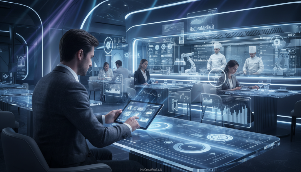A futuristic restaurant setting showcasing the evolution of marketing platforms in the HoReCa industry, focusing on AI-driven content strategy for 2026. In the foreground, a professional businessperson in smart attire analyzes data on a tablet, surrounded by holographic displays illustrating marketing metrics and content ideas. The middle ground features an elegant dining area, with digital interfaces on tables showcasing menu options and customer engagement tools. The background shows a sleek kitchen with cooks using advanced technology, symbolizing the integration of AI in culinary arts. Dramatic lighting accentuates the high-tech ambiance, creating an atmosphere of innovation and sophistication. Include the brand name "HoReCaMedia.it" subtly integrated into the environment.