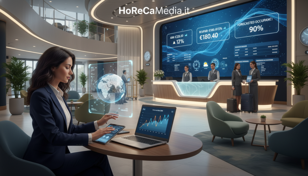A high-resolution image depicting an animated hotel inventory management scene, illustrating the dynamics of hotel occupancy. In the foreground, a professional businesswoman, dressed in smart attire, analyzes data on a laptop, with a graph showing fluctuating occupancy rates. In the middle ground, an elegant hotel lobby with a modern design featuring guests checking in and out, conveying a sense of activity. The background showcases a digital screen displaying crucial metrics related to revenue management. Soft, ambient lighting enhances the professional atmosphere while a wide-angle perspective captures the vibrancy of the HoReCa setting. This image embodies the theme of strategic hotel management for the year 2026. HoReCaMedia.it.