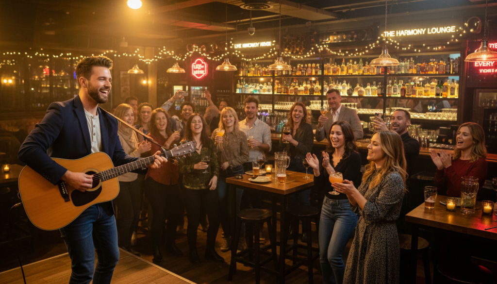 A lively bar scene in 2026 featuring a small live music performance. In the foreground, a musician plays an acoustic guitar, dressed in smart casual attire, engaged with an attentive audience. The middle ground showcases patrons seated at tables, enjoying drinks, and some mingling while others sway to the music. The background displays dimly-lit shelves filled with colorful bottles and decorative lights, creating an inviting atmosphere. Soft beams of light from overhead create a warm, intimate glow. The focus is on the interaction between the performer and the audience, capturing the essence of "pubblico spettacolo." The image should reflect the vibrant spirit of live music in the bar setting, suitable for an article on HoReCaMedia.it.