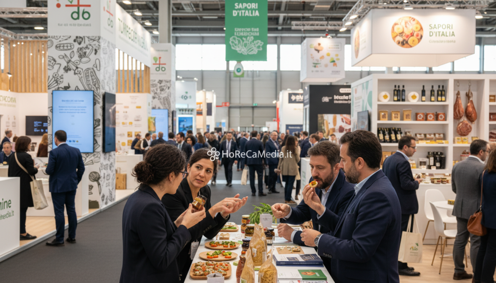 A lively business meeting scene at TUTTOFOOD Milano 2026, showcasing restaurateurs and food buyers engaging in discussions. In the foreground, a diverse group of professionals in smart business attire are examining innovative food products, exchanging ideas, and tasting samples. The middle ground features booths displaying various culinary offerings, with colorful banners and product arrangements. The background reveals a bustling exhibition hall filled with visitors exploring the latest trends in the food industry. Soft, natural lighting filters through the venue, enhancing the inviting atmosphere. The image conveys a sense of opportunity, collaboration, and excitement in the HoReCa sector. Include the brand name "HoReCaMedia.it" subtly integrated into the scene, ensuring NO text or overlays visibly interrupt the composition.
