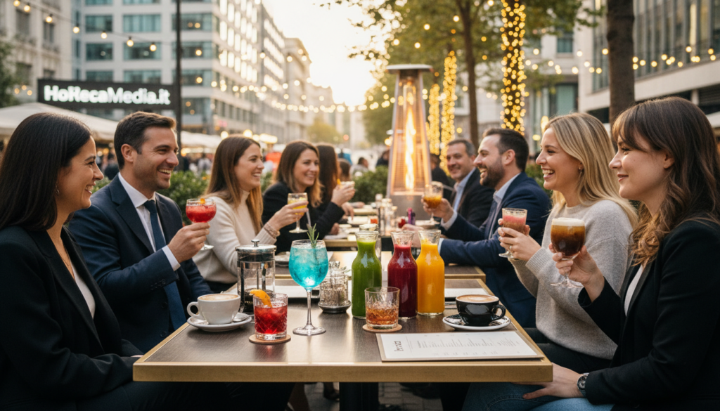 A lively outdoor dining setting that illustrates the growing categories in the beverage market for Ho.Re.Ca. in 2026. In the foreground, several tables are adorned with elegant drink menus and a diverse array of beverage options, such as artisanal cocktails, organic juices, and gourmet coffees, all placed on stylish tabletops. The middle ground features patrons in professional business attire and modest casual clothing, engaged in conversation and enjoying their drinks, embodying sociability and sophistication. The background captures a bustling urban atmosphere, with greenery and outdoor heaters, under soft, warm lighting that creates an inviting mood. The scene reflects a vibrant, contemporary dining culture, aligned with the themes of HoReCaMedia.it.