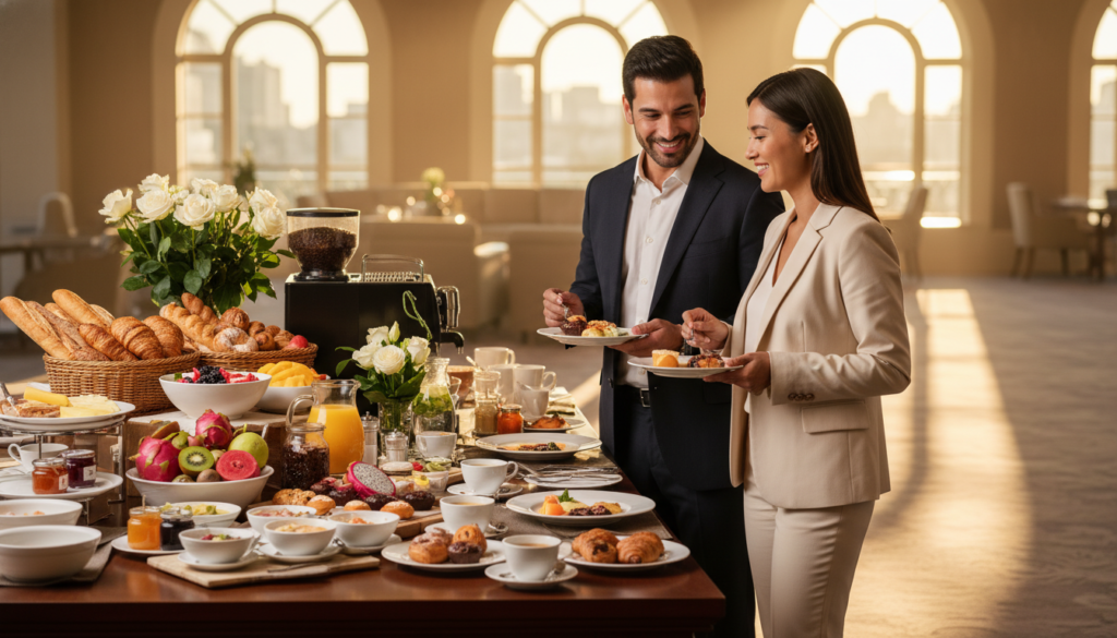 A luxurious hotel breakfast setting, showcasing a beautifully arranged buffet with a variety of colorful dishes such as fresh fruits, pastries, and gourmet coffee. In the foreground, a well-dressed couple, representing diverse backgrounds, enjoy their meal with satisfied smiles, dressed in professional business attire. The middle ground features a long, elegant wooden table adorned with fine china and fresh flowers, reflecting attention to detail. The background displays large windows with morning light streaming in, creating a warm and inviting atmosphere. Soft focus on the surroundings enhances the feeling of comfort. The image embodies the notion of hospitality and guest satisfaction, presented in a refined yet approachable manner, ideal for illustrating perceptions of hotel breakfast experiences, inspired by HoReCaMedia.it.