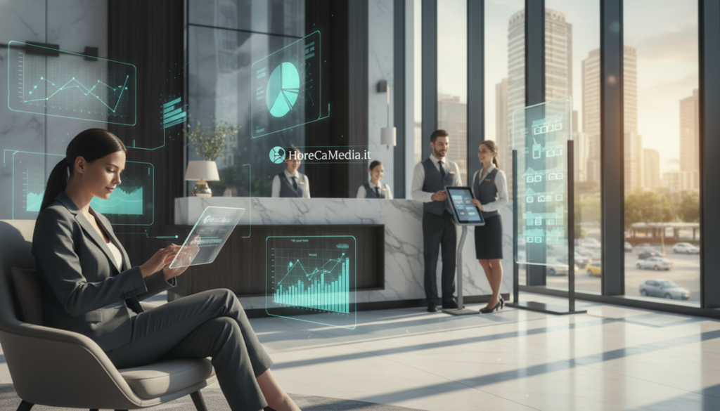 A luxurious hotel lobby scene showcasing modern AI technology in action, designed for a revenue management context. In the foreground, a professional businesswoman in smart casual attire analyzes data on a sleek tablet, surrounded by visual graphs and charts depicting occupancy rates and dynamic pricing models. The middle of the image features a contemporary reception area with a stylish front desk, elegantly dressed staff interacting with guests. The background displays large windows revealing a bustling cityscape bathed in warm afternoon sunlight, casting soft shadows across the space. The atmosphere is one of innovation and productivity, reflecting the impact of AI in the hospitality industry. Focus on clarity and modern aesthetics, aligned with the theme of HoReCaMedia.it.