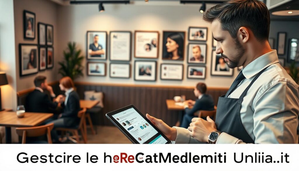 A modern and elegant café interior scene focused on the management of online reviews. In the foreground, a professional barista in smart casual attire is attentively monitoring a tablet, displaying various online review platforms. The middle ground features a cozy seating area with customers enjoying their beverages, subtly engaged in conversation, emphasizing a welcoming atmosphere. In the background, a wall adorned with framed positive reviews and photos creates a sense of community and success. Soft, warm lighting casts an inviting glow, while the camera angle captures a slight overhead view that includes subtle details of the café's decor. The overall mood should be optimistic and professional, reflecting the essence of "Gestire le recensioni online" with a modern touch. Include a small logo for "HoReCaMedia.it" cleverly integrated into the scene, enhancing the professional feel.
