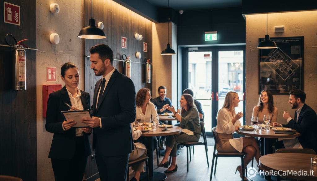 A modern bar and restaurant interior, showcasing advanced fire prevention systems prominently on the walls, including fire extinguishers, smoke alarms, and fire blankets. In the foreground, two professional staff members in business attire are discussing safety procedures, holding a clipboard with checklists. The middle ground features dining tables with customers enjoying their meals, emphasizing a welcoming atmosphere. Soft ambient lighting illuminates the space, creating a warm yet safe environment. The background shows a well-marked emergency exit and a fire safety plan displayed on the wall, subtly indicating compliance with the 2026 fire safety regulations. The image conveys professionalism, safety, and regulatory awareness within the HoReCa industry, suitable for an article by HoReCaMedia.it.