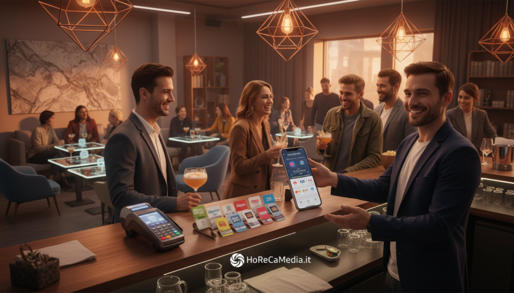 A modern bar interior in 2026, bustling with activity. In the foreground, a friendly barista in smart casual attire is assisting a customer with a mobile phone, showcasing a service for purchasing mobile top-ups. On the countertop, vibrant mobile top-up cards are displayed, along with a digital payment terminal. The middle ground features other patrons enjoying their drinks, with subtle digital payment screens noticed on tables. The background reveals tasteful decor, including stylish lighting and contemporary furniture. The atmosphere is lively yet cozy, with warm lighting creating an inviting space. Shot with a wide-angle lens to capture the dynamic environment, ensuring a professional and engaging visual. The image includes a small branding element of "HoReCaMedia.it" subtly incorporated into the bar design.