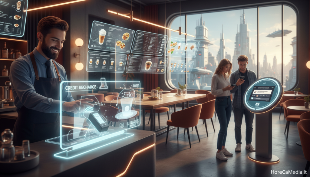 A modern café scene showcasing the evolution of digital services in the bar industry in 2026. In the foreground, a professional barista in smart casual attire interacts with a sleek digital payment terminal, while customers are seen using mobile devices to top up their phone credits at an interactive kiosk. In the middle ground, a stylish café ambiance is created with elegant furniture and ambient lighting, highlighting high-tech screens displaying digital menu options and promotional offers. The background features a bright window view of a bustling cityscape, symbolizing progress and innovation. The overall atmosphere is vibrant, reflecting the fusion of modern technology with traditional café culture. Include the brand name "HoReCaMedia.it" subtly integrated into the scene. The lighting is warm, inviting, and focuses on creating a sense of connectivity and excitement.