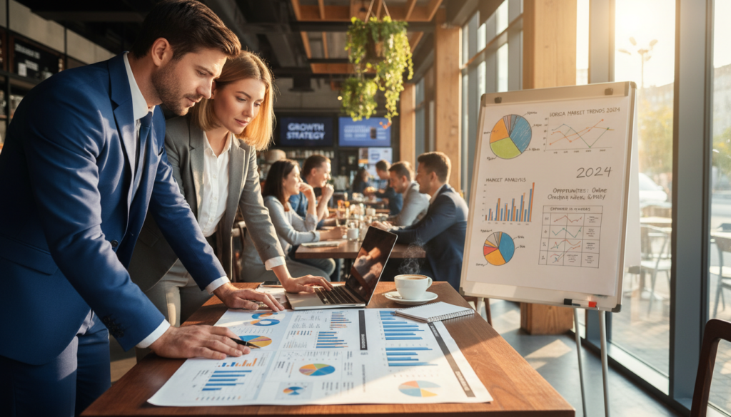 A modern café setting emphasizing market analysis and business planning, featuring a large, detailed business plan document spread across a sleek wooden table. In the foreground, two professionals in business attire, one pointing at key graphs and statistics on the document, and the other taking notes on a laptop, both engaged in a focused discussion. In the middle ground, a whiteboard with colorful charts and graphs illustrating market trends, and a coffee cup with a notepad next to it. The background should show a bustling café environment with patrons enjoying their meals, warm natural lighting streaming through large windows, creating an inviting atmosphere. The scene is designed to reflect the analytical hustle of the HoReCa industry, conveying a sense of professionalism and diligence. A modern café setting emphasizing market analysis and business planning, featuring a large, detailed business plan document spread across a sleek wooden table. In the foreground, two professionals in business attire, one pointing at key graphs and statistics on the document, and the other taking notes on a laptop, both engaged in a focused discussion. In the middle ground, a whiteboard with colorful charts and graphs illustrating market trends, and a coffee cup with a notepad next to it. The background should show a bustling café environment with patrons enjoying their meals, warm natural lighting streaming through large windows, creating an inviting atmosphere. The scene is designed to reflect the analytical hustle of the HoReCa industry, conveying a sense of professionalism and diligence.