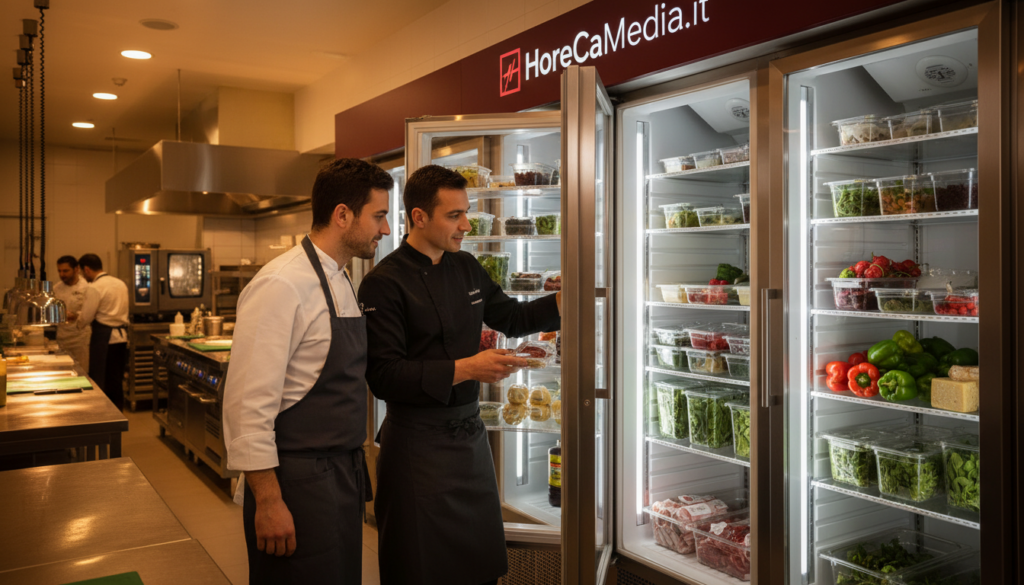A modern commercial refrigeration cell in a busy restaurant kitchen, showcasing sleek stainless-steel design and efficient energy-saving features. In the foreground, professional chefs in business attire are examining stored ingredients, highlighting freshness and quality. The middle ground includes rows of transparent glass door fridges, filled with colorful produce and neatly organized items, emphasizing efficiency. The background features softly lit industrial kitchen elements, creating an atmosphere of professionalism and focus. Lighting should be bright yet warm to enhance the inviting feel of the kitchen environment. Use a wide-angle lens effect to capture the entirety of the scene, conveying the essential role of refrigeration in modern gastronomy. HoReCaMedia.it.