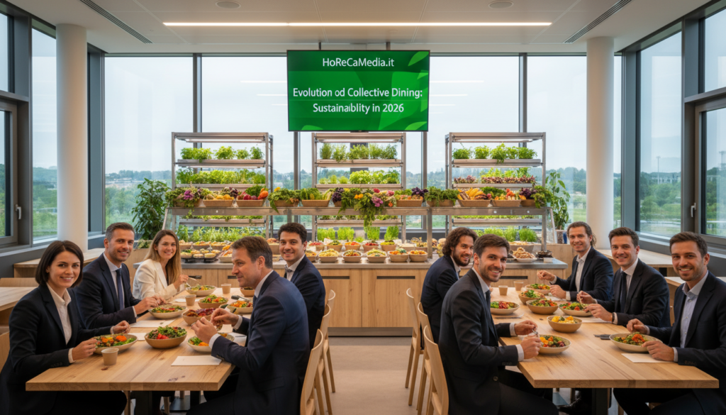 A modern corporate cafeteria in 2026 showcasing sustainability innovations. In the foreground, a diverse group of professional individuals dressed in smart business attire are enjoying healthy, plant-based meals at eco-friendly wooden tables. They engage in conversation, highlighting community and collaboration. In the middle ground, a vibrant salad bar with organic produce and a selection of locally sourced dishes is prominently displayed, surrounded by indoor vertical gardens flourishing with herbs. The background features large windows allowing natural light to flood in, emphasizing a fresh and inviting atmosphere. The ambiance is bright and uplifting, conveying a sense of hope and progress towards sustainability. Photographed from a slightly elevated angle to capture the overall environment, with soft, warm lighting to enhance the inviting feel. Illustrating the evolution of collective dining within the HoReCa sector, as featured on HoReCaMedia.it.