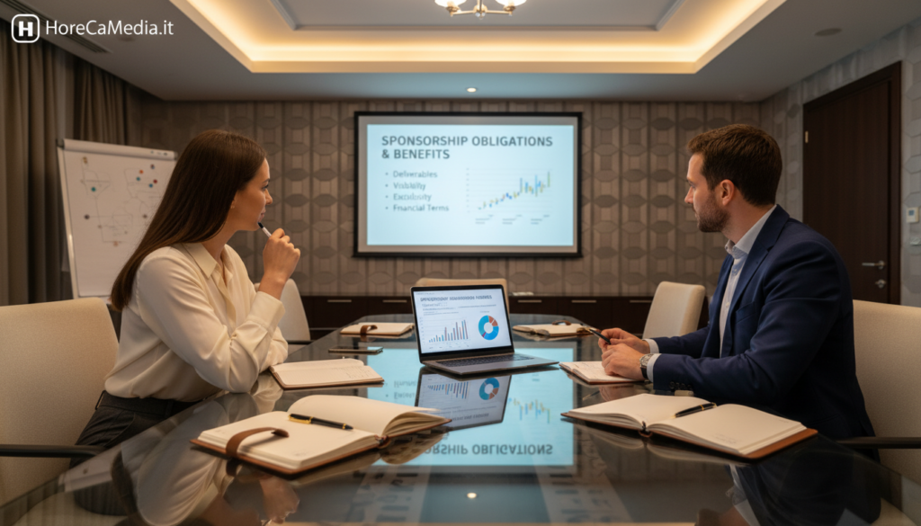 A modern corporate meeting setting in a stylish hotel conference room, featuring two diverse professional individuals engaged in discussion about sponsorship obligations. The foreground shows a sleek glass table with notepads, pens, and a laptop displaying charts related to sponsorship contracts. In the middle, the man, dressed in a sharp navy suit, gestures towards a projected presentation slide that outlines key points. The woman, in a tailored blouse and smart trousers, nods in agreement, taking notes. The background reveals elegant decor and soft ambient lighting, creating a focused and collaborative atmosphere. The scene subtly includes a logo for "HoReCaMedia.it" on a flip chart visible in the corner. The overall mood is professional and forward-thinking, emphasizing cooperation and mutual understanding.