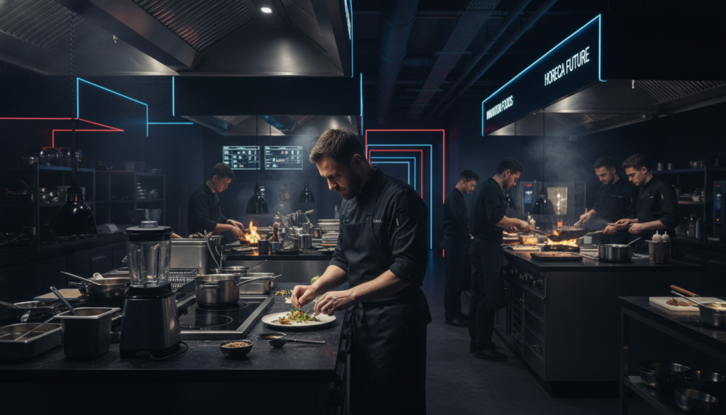 A modern dark kitchen environment, showcasing a bustling culinary setup. In the foreground, a chef in a professional outfit meticulously prepares dishes, surrounded by high-end kitchen equipment. The middle layer features various cooking stations, each with chefs collaborating efficiently, emphasizing teamwork and innovation in food preparation. The background reveals dimly lit areas with vibrant neon lights highlighting the kitchen's modern design, creating an industrial yet energetic atmosphere. Soft, focused lighting illuminates the chefs and their work, creating a dramatic contrast with the shadowy corners of the kitchen. Capture an ambiance of productivity and creativity, reflective of the emerging dark kitchen concept. The scene should embody the spirit of innovation in the food industry, aligned with HoReCa settings, perfect for an informative article on dark kitchens.