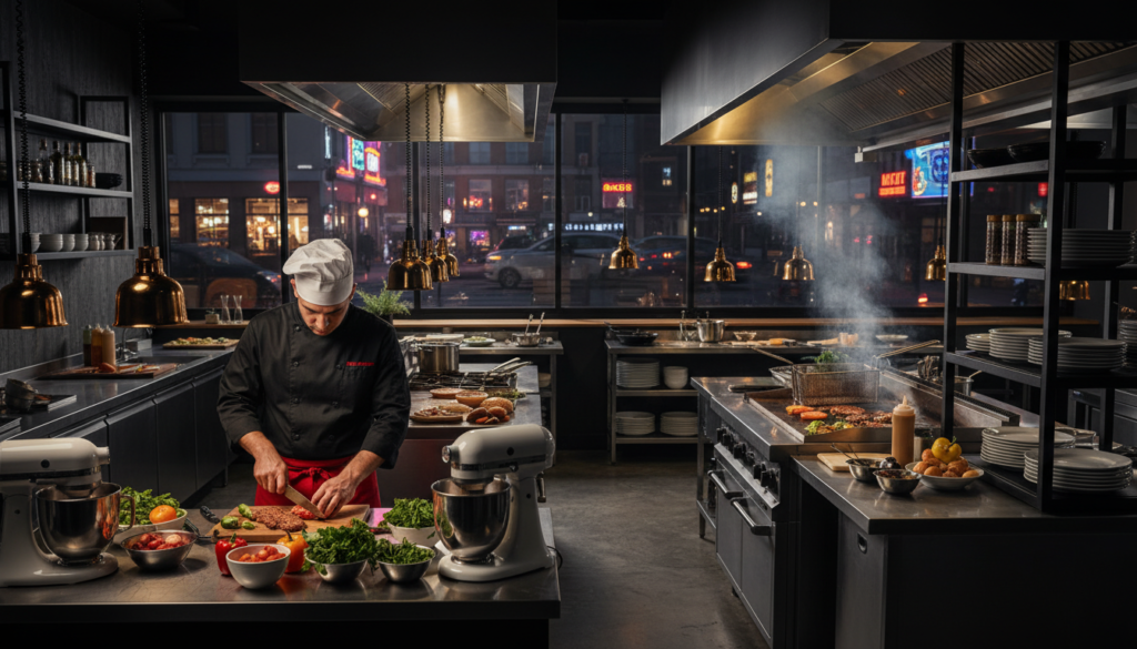 A modern dark kitchen interior, bustling with activity. In the foreground, a professional chef in a crisp uniform is skillfully preparing dishes at a stainless steel prep station, surrounded by fresh ingredients and high-quality kitchen tools. The middle area features various cooking stations: a grill sizzling with food, a fryer with steam rising, and organized shelves stocked with culinary essentials. In the background, large windows reveal a dynamic nightlife outside, dimly lit but vibrant. The atmosphere is energetic yet organized, illuminated by warm ambient lighting and task lights above the cooking zones. The composition captures the essence of the HoReCa industry, showcasing innovation and efficiency in a professional kitchen setup. No text, logos, or watermarks present.