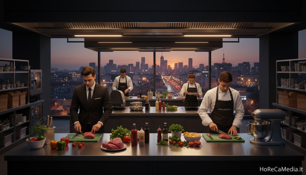 A modern dark kitchen setup, showcasing an efficient workspace with chefs wearing professional business attire, engaged in food preparation. In the foreground, a sleek stainless-steel kitchen island is filled with fresh ingredients and high-tech cooking equipment. The middle section reveals multiple cooking stations, highlighting food delivery packaging and organized ingredients. The background features large windows exposing a vibrant urban cityscape at twilight, providing an ambient glow to the scene. Soft, warm lighting illuminates the kitchen, creating a welcoming yet professional atmosphere. The overall mood is dynamic and industrious, capturing the essence of a hybrid food service model. Include subtle branding elements of "HoReCaMedia.it" throughout kitchen gadgets or packaging.