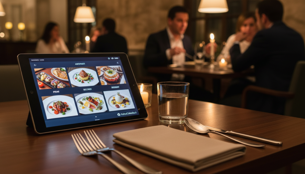 A modern digital menu displayed on a sleek tablet placed on a wooden restaurant table, surrounded by an inviting atmosphere. In the foreground, the tablet screen glows softly, showcasing an elegant interface with vibrant food images and categories. The middle ground features a stylish dining setting with neatly arranged cutlery and a glass of water, enhancing the dining experience. In the background, a cozy restaurant ambiance is suggested by warm lighting and blurred silhouettes of people enjoying their meals, dressed in smart casual attire. Capture this scene from a slightly elevated angle to convey intimacy while providing a broader view of the setting. The overall mood is warm and welcoming, reflecting the blend of technology and traditional dining, with branding discreetly incorporating "HoReCaMedia.it".