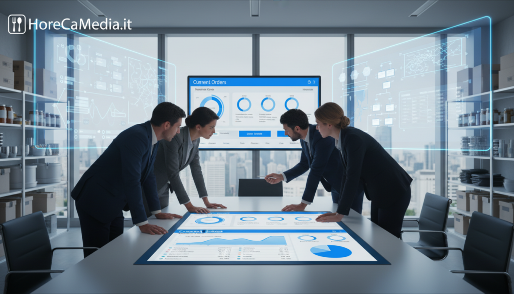 A modern digital ordering system interface designed specifically for restaurant supply management, set against a sleek, high-tech office backdrop. In the foreground, a tablet displays an intuitive user interface with graphs and charts tracking inventory and orders. The middle layer includes a diverse group of professionals, dressed in smart business attire, collaborating over the tablet, analyzing digital data on screens around them. The background features a contemporary office environment with large windows letting in natural light, highlighting the structured organization of supplies. The atmosphere is focused and efficient, embodying innovation in the restaurant supply chain. The overall mood is dynamic and solution-oriented, showcasing the advantages of a unified digital system. The brand "HoReCaMedia.it" subtly integrated into the scene as part of the user interface design. A modern digital ordering system interface designed specifically for restaurant supply management, set against a sleek, high-tech office backdrop. In the foreground, a tablet displays an intuitive user interface with graphs and charts tracking inventory and orders. The middle layer includes a diverse group of professionals, dressed in smart business attire, collaborating over the tablet, analyzing digital data on screens around them. The background features a contemporary office environment with large windows letting in natural light, highlighting the structured organization of supplies. The atmosphere is focused and efficient, embodying innovation in the restaurant supply chain. The overall mood is dynamic and solution-oriented, showcasing the advantages of a unified digital system. The brand "HoReCaMedia.it" subtly integrated into the scene as part of the user interface design.