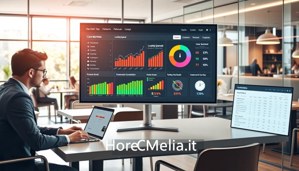 A modern digital workspace designed for a restaurant website audit, showcasing Core Web Vitals metrics. In the foreground, a professional-looking person in business attire sits at a sleek desk, analyzing data on a laptop. The middle layer features a large screen displaying vibrant graphs and performance indicators, emphasizing key metrics like loading speed and interactivity. In the background, a bright, inviting restaurant interior is visible, with modern decor and customers enjoying their meals, reflecting the restaurant atmosphere. Soft, natural lighting streams in through large windows, creating a warm and productive mood. The overall composition conveys a sense of innovation and professionalism in the food and beverage industry. The brand "HoReCaMedia.it" is subtly integrated into the scene as part of the digital interface design. A modern digital workspace designed for a restaurant website audit, showcasing Core Web Vitals metrics. In the foreground, a professional-looking person in business attire sits at a sleek desk, analyzing data on a laptop. The middle layer features a large screen displaying vibrant graphs and performance indicators, emphasizing key metrics like loading speed and interactivity. In the background, a bright, inviting restaurant interior is visible, with modern decor and customers enjoying their meals, reflecting the restaurant atmosphere. Soft, natural lighting streams in through large windows, creating a warm and productive mood. The overall composition conveys a sense of innovation and professionalism in the food and beverage industry. The brand "HoReCaMedia.it" is subtly integrated into the scene as part of the digital interface design.