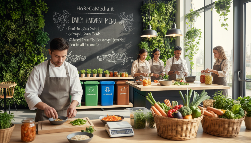 A modern, eco-friendly restaurant interior showcasing sustainable practices to reduce food waste. In the foreground, a chef in professional attire is preparing dishes using fresh, locally-sourced ingredients, with an emphasis on efficient portion sizes. In the middle, staff members engage in organizing leftover ingredients and creatively reusing them in new recipes, exemplifying resourcefulness. The background features a chalkboard displaying a daily menu that highlights seasonal produce and a dedicated composting area with colorful bins for sorting waste. Natural lighting illuminates the space, creating a warm and inviting atmosphere, with green plants enhancing the sustainability theme. Capture the essence of "HoReCaMedia.it" by focusing on innovative practices that conserve resources and reduce costs in the dining experience.