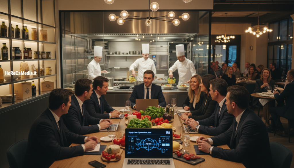 A modern food supply chain scene depicting the complexity and opportunities in Italian foodservice for 2026. In the foreground, a diverse group of professionals in business attire strategizes around a table cluttered with fresh, local produce, high-tech devices, and digital displays showing supply metrics. The middle ground features shelves stocked with various Italian gourmet ingredients, while a transparent partition reveals a bustling kitchen with chefs preparing delicious dishes. The background shows a vibrant restaurant setting filled with patrons enjoying meals, highlighted by warm, inviting lighting emanating from stylish fixtures. The atmosphere is dynamic and collaborative, reflecting innovation in the HoReCa sector. Capture this moment with a slight aerial angle to emphasize the interplay between the professionals and the culinary environment. Brand: HoReCaMedia.it. A modern food supply chain scene depicting the complexity and opportunities in Italian foodservice for 2026. In the foreground, a diverse group of professionals in business attire strategizes around a table cluttered with fresh, local produce, high-tech devices, and digital displays showing supply metrics. The middle ground features shelves stocked with various Italian gourmet ingredients, while a transparent partition reveals a bustling kitchen with chefs preparing delicious dishes. The background shows a vibrant restaurant setting filled with patrons enjoying meals, highlighted by warm, inviting lighting emanating from stylish fixtures. The atmosphere is dynamic and collaborative, reflecting innovation in the HoReCa sector. Capture this moment with a slight aerial angle to emphasize the interplay between the professionals and the culinary environment. Brand: HoReCaMedia.it.