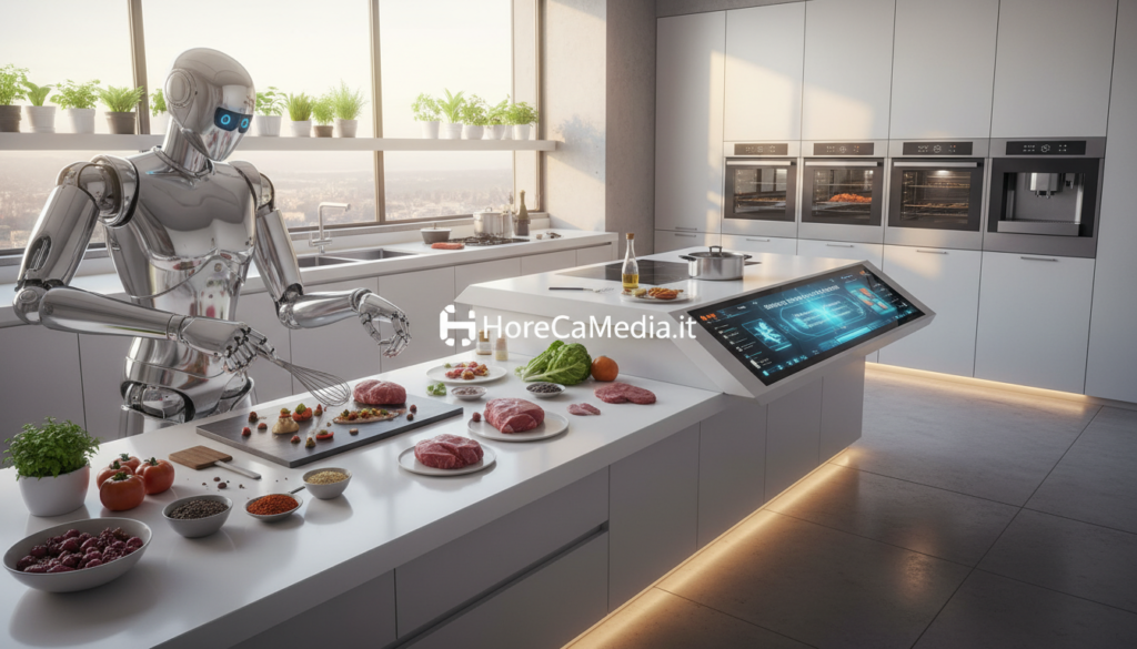 A modern, high-tech kitchen environment showcasing automated cooking technology. In the foreground, a sleek robotic chef with articulated arms expertly prepares a gourmet meal, with fresh ingredients laid out neatly. The middle ground features a smart kitchen island with touch controls and bright LED lights, illuminating stainless steel appliances and a digital recipe display. The background includes large windows with natural light flooding in, creating a warm atmosphere, complemented by plants for a touch of life. The overall ambiance is futuristic yet inviting, highlighting the seamless integration of automation in culinary spaces, reflecting sophistication and modernity. This image is designed to resonate with the theme of "HoReCaMedia.it," focusing on the future of automated kitchens.