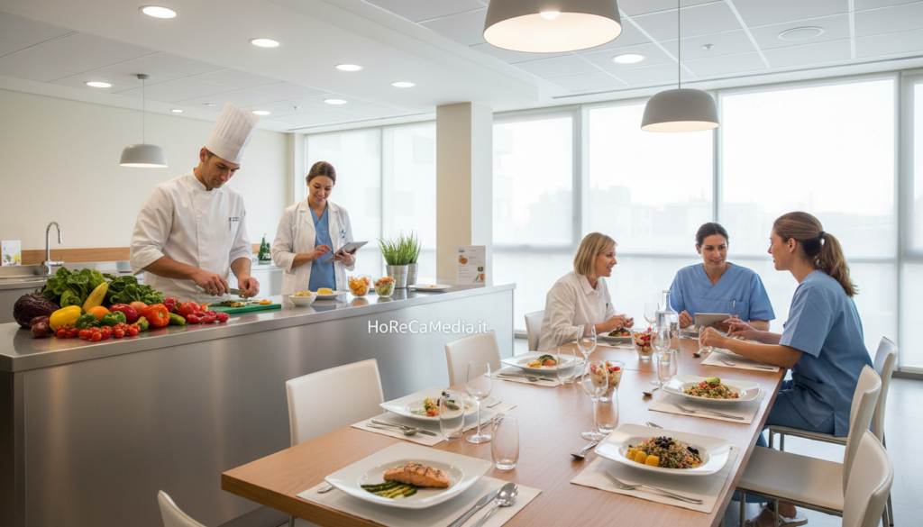 A modern hospital dining area showcasing innovative food service strategies. In the foreground, a professional chef, dressed in a crisp white uniform, is preparing a colorful, healthy meal on a stainless steel countertop, surrounded by fresh fruits and vegetables. In the middle, a sleek dining table is elegantly set with modern tableware, featuring appetizing dishes served in stylish presentations. Hospital staff are engaging with patients, presenting food choices and discussing dietary preferences in a caring manner. The background reveals large windows allowing natural light to flood the space, enhancing a warm and inviting atmosphere. Soft, ambient lighting complements the professional yet comforting environment. The scene encapsulates the evolving nature of hospital catering, highlighting the synergy between nutrition and patient care. HoReCaMedia.it.
