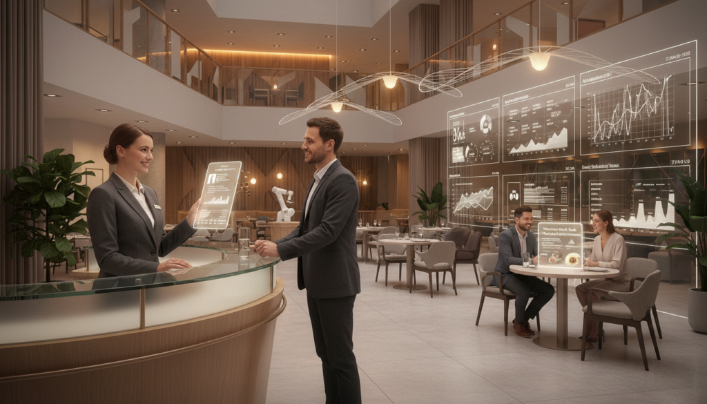 A modern hotel and restaurant lobby showcasing the concept of AI-driven customer personalization. Foreground: A friendly receptionist, dressed in professional attire, interacting with a customer using a sleek tablet that displays data on guest preferences. Middle: Customers enjoy personalized services, like a dining table with customized menus based on previous visits. Background: The stylish hotel interior features contemporary decor, warm lighting, and digital screens showcasing AI analytics, creating an inviting atmosphere. Soft ambient light highlights the innovation and efficiency of AI in hospitality. The scene captures the essence of a seamless customer journey in the HoReCa industry, emphasizing the power of data-driven service. --v 5 --ar 16:9 --q 2 --style 4a
