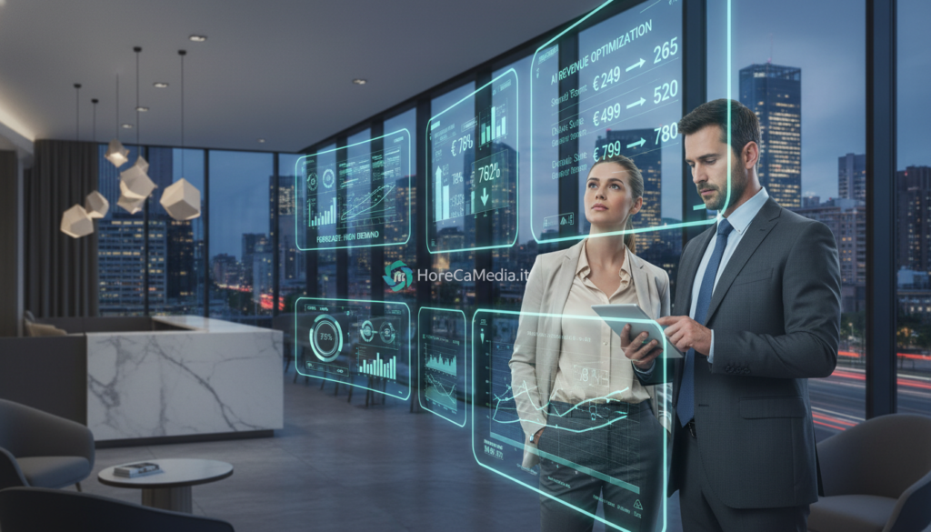 A modern hotel lobby showcasing dynamic pricing algorithms at work. In the foreground, a professional man in business attire analyzes data on a sleek tablet, while a woman in smart casual clothing reviews digital screens displaying fluctuating room rates. The middle layer features futuristic monitors and holographic displays projecting real-time occupancy forecasts and pricing trends, illuminated by soft blue and green lighting. The background reveals a stylish reception area with elegant decor, and large windows highlighting a bustling cityscape outside. The atmosphere conveys innovation and efficiency, embodying the essence of AI in revenue management for the hospitality industry. This scene encapsulates the theme of AI-powered dynamic pricing in hotels, ideal for the article segment. HoReCaMedia.it.