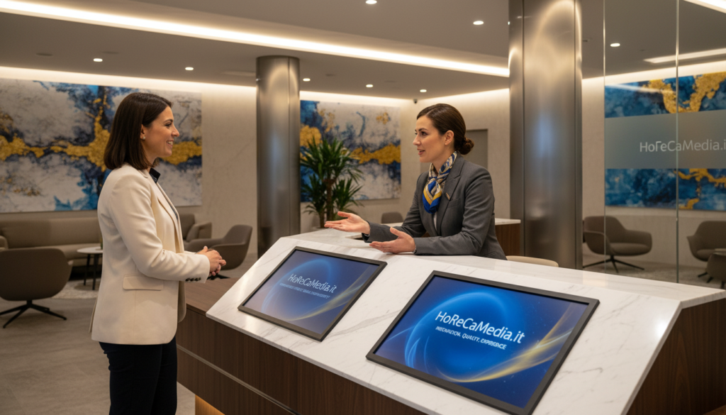 A modern hotel reception area showcasing seamless communication and brand identity. In the foreground, a professional hotel manager clad in smart business attire engages in a dynamic conversation with a guest, highlighting personalized service. The middle ground features an aesthetically pleasing reception desk with digital displays showcasing the hotel's brand colors and values. In the background, glowing ambient lighting complements the sleek, contemporary design of the lobby, adorned with vibrant artwork that embodies the hotel’s identity. The atmosphere is warm and welcoming, reflecting a commitment to consistency in brand messaging. Capture this scene from a slight angle to emphasize both interaction and environment. Include subtle branding elements with the name "HoReCaMedia.it" integrated into the design.