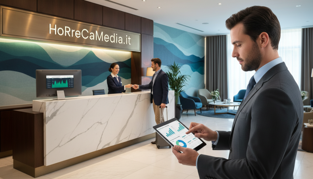 A modern hotel reception area showcasing the concept of revenue management in a vibrant and professional atmosphere. In the foreground, a well-dressed hotel manager, wearing a modern suit, is analyzing data on a tablet, displaying charts and graphs related to occupancy rates. In the middle ground, a sleek reception desk with a computer screen showing dynamic pricing information, alongside a friendly receptionist assisting an arriving guest. The background features elegant hotel decor with soft lighting and a welcoming ambiance. The image should convey a sense of professionalism and strategic planning, with a color palette that reflects trust and sophistication, such as blues and greens. The scene should embody the essence of the hotel industry and revenue management. Include the brand name "HoReCaMedia.it" subtly in the setting with elegant design elements.