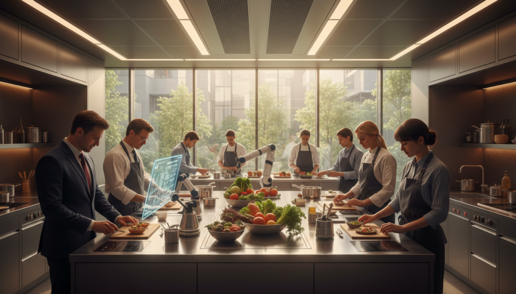 A modern kitchen environment showcasing the evolution of professional roles in the restaurant industry for 2026. In the foreground, a diverse group of chefs and kitchen staff, wearing professional business attire and modest casual clothing, collaborate on innovative dishes amidst a sleek, high-tech kitchen setup. In the middle ground, advanced culinary equipment and vibrant ingredients are artistically arranged, highlighting the integration of technology into cooking processes. The background features large windows allowing natural light to flood in, enhancing the atmosphere of culinary creativity and teamwork. The scene conveys a sense of professionalism and modernity, inviting the viewer to imagine the future of hospitality and culinary arts. Capture this dynamic moment with a wide-angle lens, emphasizing depth and engagement, reflecting the craftsmanship within the HoReCa industry. Create a warm and inviting mood that resonates with the theme of evolving culinary professions.