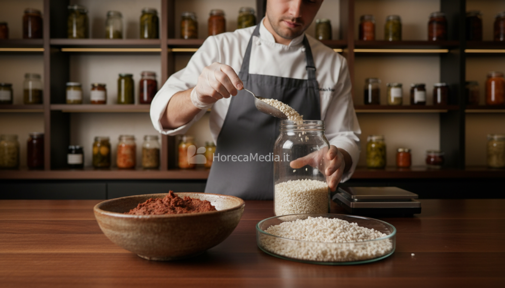 A modern kitchen scene showcasing koji and miso, elegantly arranged on a wooden countertop, with a focus on the textures of the ingredients. In the foreground, a bowl of miso paste sits beside a small container of koji rice, both illuminated by soft, warm light, highlighting their rich colors and textures. In the middle ground, a chef in professional attire is carefully measuring out koji into a glass jar, embodying the science of fermentation as he works. The background features shelves stocked with various fermented foods and condiments, softly blurred to emphasize the main subjects. The atmosphere is inviting and sophisticated, emphasizing the art and science of fermentation. The image should resonate with the culinary world and the growing interest in fermented ingredients, evoking a sense of discovery. HoReCaMedia.it. A modern kitchen scene showcasing koji and miso, elegantly arranged on a wooden countertop, with a focus on the textures of the ingredients. In the foreground, a bowl of miso paste sits beside a small container of koji rice, both illuminated by soft, warm light, highlighting their rich colors and textures. In the middle ground, a chef in professional attire is carefully measuring out koji into a glass jar, embodying the science of fermentation as he works. The background features shelves stocked with various fermented foods and condiments, softly blurred to emphasize the main subjects. The atmosphere is inviting and sophisticated, emphasizing the art and science of fermentation. The image should resonate with the culinary world and the growing interest in fermented ingredients, evoking a sense of discovery. HoReCaMedia.it.