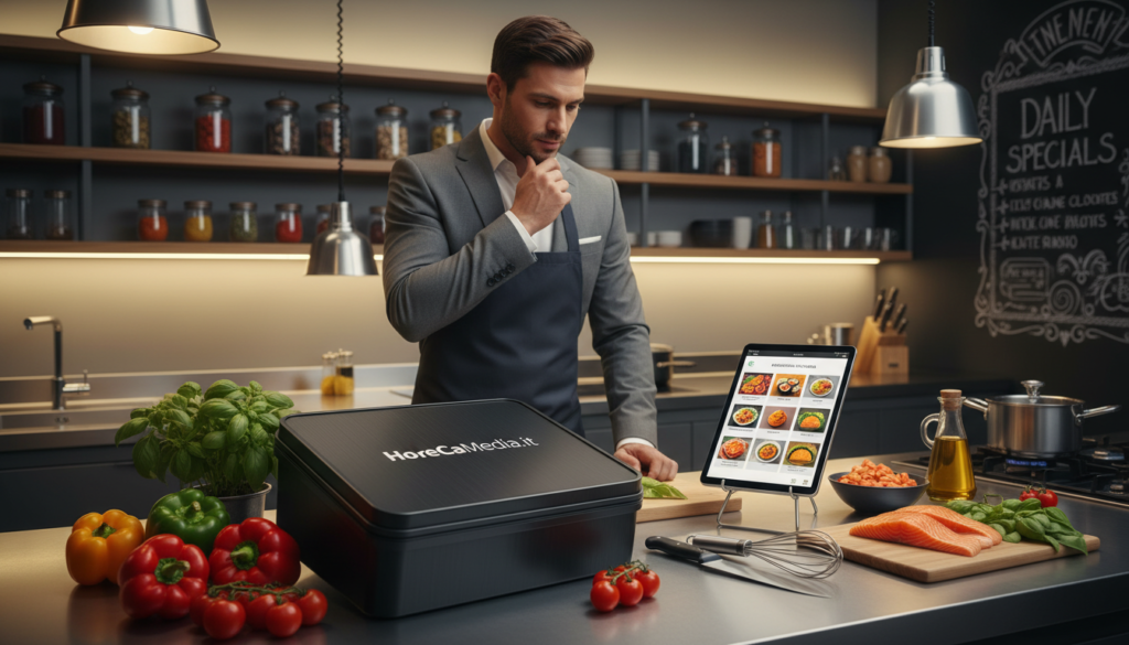 A modern kitchen setting focused on online food delivery, featuring a professional chef in tidy business attire preparing a meal. In the foreground, a sleek delivery box with the brand name "HoReCaMedia.it" prominently displayed, surrounded by fresh ingredients and cooking utensils. In the middle ground, a tablet showing a food delivery app with various cuisines displayed, capturing the essence of digital transformation in dining habits. The background highlights a visually appealing kitchen with shelves of spices and a wall-mounted menu board. Soft, warm lighting casts a welcoming glow, creating an inviting atmosphere that emphasizes convenience and modernity in food consumption. Ideal angle to capture a dynamic, engaging scene that illustrates the impact of digital transformation on eating habits.