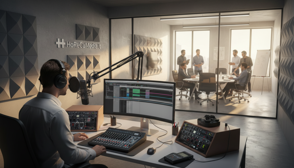 A modern office setting dedicated to a podcast production for the Ho.Re.Ca. industry. In the foreground, a professional-looking male voiceover artist wearing a button-up shirt and headphones speaks into a high-quality microphone, surrounded by audio equipment. In the middle ground, a sleek workstation displays advanced audio editing software on a large monitor, with soundproofing panels decorated with the HoReCaMedia.it logo. The background features a stylish conference room with glass walls, where team members are engaged in a creative brainstorming session, adding to the collaborative atmosphere. Natural sunlight filters through the windows, creating a warm and inviting mood. Capture the energy and innovation of AI-driven communication strategies in the hospitality sector without any text or distractions. A modern office setting dedicated to a podcast production for the Ho.Re.Ca. industry. In the foreground, a professional-looking male voiceover artist wearing a button-up shirt and headphones speaks into a high-quality microphone, surrounded by audio equipment. In the middle ground, a sleek workstation displays advanced audio editing software on a large monitor, with soundproofing panels decorated with the HoReCaMedia.it logo. The background features a stylish conference room with glass walls, where team members are engaged in a creative brainstorming session, adding to the collaborative atmosphere. Natural sunlight filters through the windows, creating a warm and inviting mood. Capture the energy and innovation of AI-driven communication strategies in the hospitality sector without any text or distractions.
