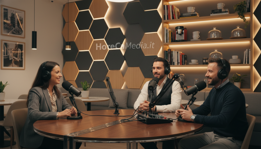 A modern podcasting studio set in a stylish Ho.Re.Ca. environment, featuring advanced recording equipment such as microphones, sound mixers, and headphones. In the foreground, a diverse group of three professionals, including a woman and two men, are engaged in a lively discussion while sitting around a sleek table, all dressed in business casual attire. The middle ground showcases soundproof panels and stylish decor, reflecting a trendy cafe atmosphere. In the background, shelves display various culinary books and vignettes of hospitality settings. Soft, warm lighting enhances the inviting mood, while a slight bokeh effect blurs the background to emphasize the professionals' enthusiasm. The text "HoReCaMedia.it" subtly watermarked on an acoustic panel, ensuring it blends with the creative vibe. A modern podcasting studio set in a stylish Ho.Re.Ca. environment, featuring advanced recording equipment such as microphones, sound mixers, and headphones. In the foreground, a diverse group of three professionals, including a woman and two men, are engaged in a lively discussion while sitting around a sleek table, all dressed in business casual attire. The middle ground showcases soundproof panels and stylish decor, reflecting a trendy cafe atmosphere. In the background, shelves display various culinary books and vignettes of hospitality settings. Soft, warm lighting enhances the inviting mood, while a slight bokeh effect blurs the background to emphasize the professionals' enthusiasm. The text "HoReCaMedia.it" subtly watermarked on an acoustic panel, ensuring it blends with the creative vibe.