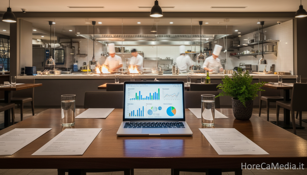 A modern restaurant interior featuring a sleek wooden table with a laptop displaying a colorful sales report on its screen. The laptop is surrounded by glasses of water and menus, symbolizing the fusion of technology and hospitality. In the background, a busy kitchen can be seen through a glass partition, with chefs preparing food, highlighting the dynamic atmosphere of the restaurant industry. Soft, warm lighting enhances the inviting mood of the scene, and a potted plant adds a touch of freshness. The composition is shot from a slightly elevated angle to capture both the report and the bustling activity in the kitchen. Include a subtle watermark of HoReCaMedia.it in the bottom corner for branding.