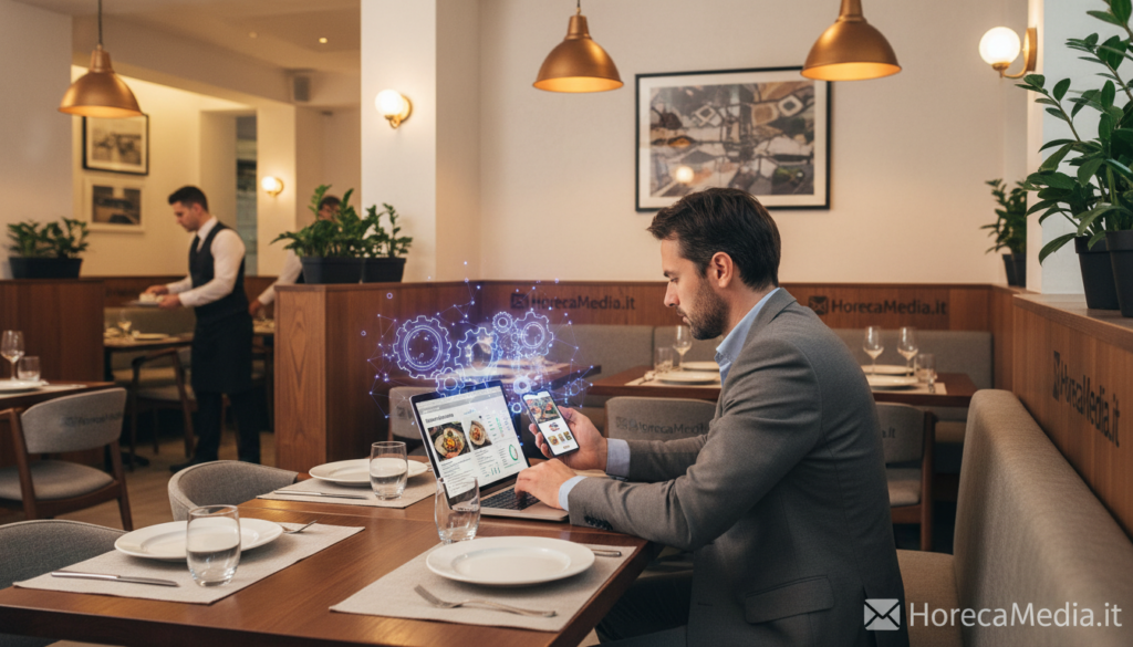 A modern restaurant interior featuring a warm and inviting atmosphere, with elegant wooden tables set for dining. In the foreground, a professional marketer in business attire is sitting at a table, laptop open, analyzing dynamic email marketing strategies centered around a glowing smartphone displaying restaurant promotions. Soft, ambient lighting casts a cozy glow over the scene, with tasteful decorations including potted plants and artwork on the walls. In the background, staff members are engaged in attentive service, highlighting a bustling yet harmonious environment. The image subtly incorporates elements symbolizing automation and AI, like digital graphics hovering above the laptop screen. The branding “HoReCaMedia.it” is creatively integrated into the restaurant decor. This scene encapsulates the efficiency and innovation of AI in email marketing for restaurants, promoting customer loyalty effortlessly. A modern restaurant interior featuring a warm and inviting atmosphere, with elegant wooden tables set for dining. In the foreground, a professional marketer in business attire is sitting at a table, laptop open, analyzing dynamic email marketing strategies centered around a glowing smartphone displaying restaurant promotions. Soft, ambient lighting casts a cozy glow over the scene, with tasteful decorations including potted plants and artwork on the walls. In the background, staff members are engaged in attentive service, highlighting a bustling yet harmonious environment. The image subtly incorporates elements symbolizing automation and AI, like digital graphics hovering above the laptop screen. The branding “HoReCaMedia.it” is creatively integrated into the restaurant decor. This scene encapsulates the efficiency and innovation of AI in email marketing for restaurants, promoting customer loyalty effortlessly.