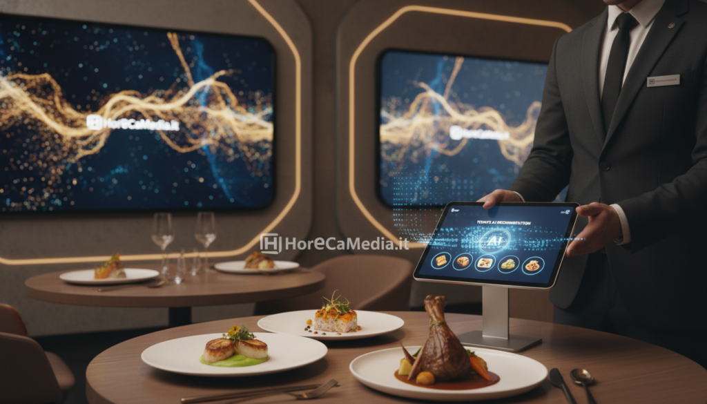 A modern restaurant interior showcasing a blend of technology and dining experience. In the foreground, a sleek tablet displaying an AI interface for recommending dishes, while a professional-looking waiter dressed in smart attire interacts with it. The middle ground features elegantly set tables with diverse meals beautifully plated, embodying a variety of cuisines. In the background, smart screens subtly integrated into the decor provide an ambiance of innovation, dimly illuminating the room with warm lighting. The atmosphere is vibrant yet sophisticated, hinting at the intersection of gastronomy and artificial intelligence. Emphasize the brand name "HoReCaMedia.it" in a creative representation within the scene. The composition should evoke curiosity about how AI shapes dining preferences, capturing the essence of progressive culinary experiences.