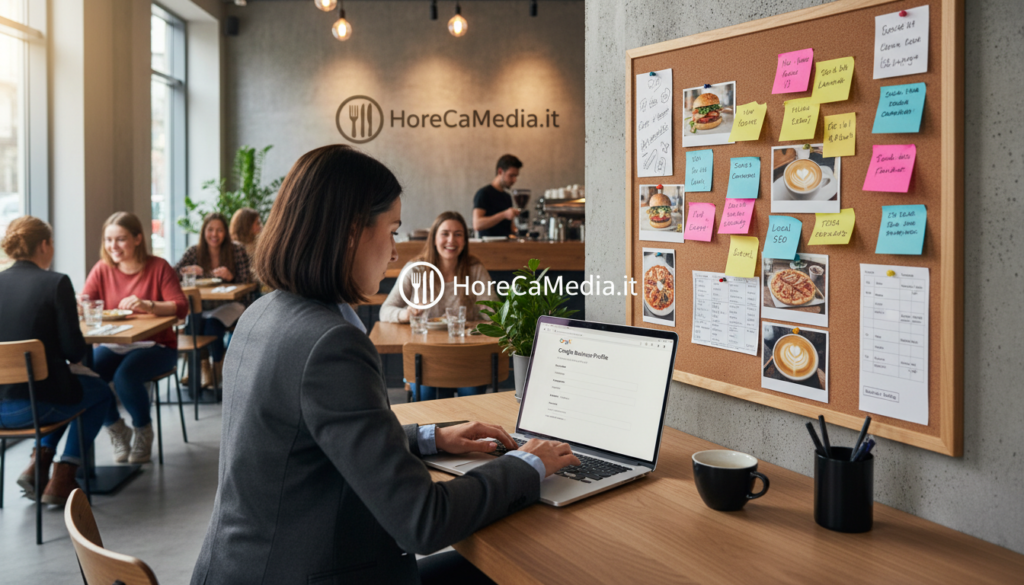 A modern restaurant interior, showcasing a sleek and stylish workstation with a laptop displaying the Google Business profile creation page. In the foreground, a focused restaurant manager, dressed in professional business attire, interacts with the laptop, illustrating the process of creating and optimizing a Google Business profile. In the middle ground, a bulletin board filled with colorful sticky notes and photos of their menu items, symbolizing brand identity and marketing strategies. The background features the restaurant's bustling ambiance with patrons enjoying their meals and a barista crafting coffee, enhancing the lively atmosphere. Bright, natural lighting pours in through large windows, creating an inviting mood. The image emphasizes professionalism, creativity, and the connection to the restaurant industry, branded subtly with "HoReCaMedia.it".