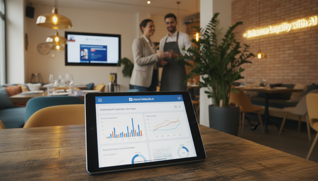 A modern restaurant interior showcasing a vibrant and inviting atmosphere, emphasizing marketing automation concepts. In the foreground, a sleek tablet on a wooden table displaying an email automation dashboard with graphs and analytics. In the middle ground, a restaurant owner in professional attire, engaged in discussions with a staff member, both exuding a sense of teamwork and innovation. The background features a cozy dining area with elegantly set tables, warm lighting casting a soft glow, and decorative plants enhancing the ambiance. A subtle display of the brand "HoReCaMedia.it" is integrated into the environment, creating a cohesive visual theme. The overall mood is inspiring and professional, reflecting the seamless integration of AI in enhancing customer loyalty through automated marketing processes. A modern restaurant interior showcasing a vibrant and inviting atmosphere, emphasizing marketing automation concepts. In the foreground, a sleek tablet on a wooden table displaying an email automation dashboard with graphs and analytics. In the middle ground, a restaurant owner in professional attire, engaged in discussions with a staff member, both exuding a sense of teamwork and innovation. The background features a cozy dining area with elegantly set tables, warm lighting casting a soft glow, and decorative plants enhancing the ambiance. A subtle display of the brand "HoReCaMedia.it" is integrated into the environment, creating a cohesive visual theme. The overall mood is inspiring and professional, reflecting the seamless integration of AI in enhancing customer loyalty through automated marketing processes.