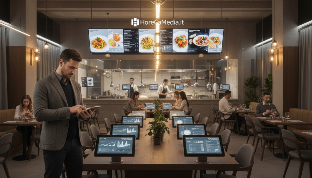 A modern restaurant interior showcasing digitalization in its operations. In the foreground, a professional restaurant manager in smart casual attire analyzes sales reports on a tablet. The middle ground features sleek touch-screen devices at tables, and digital menu boards displaying colorful food options. In the background, chefs are working seamlessly in an open kitchen, while customers engage with tech-enhanced dining experiences. Soft ambient lighting creates a warm and inviting atmosphere, highlighting the fusion of traditional dining and technology. The scene represents the transformation in the hospitality industry, focusing on efficiency and insight through digital tools. Emphasize reflections on glass surfaces and modern design elements throughout the restaurant. Brand mention: HoReCaMedia.it.