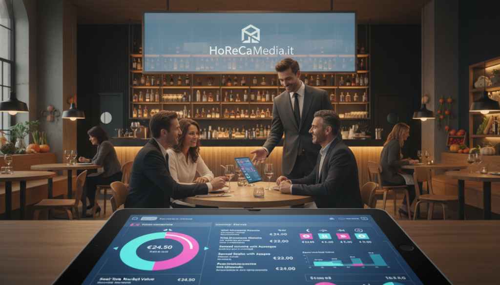 A modern restaurant interior showcasing dynamic pricing strategies. In the foreground, a smart tablet displaying a colorful, interactive menu with fluctuating prices based on seasonal ingredients. In the middle, a professional waiter in business attire attentively explains dish options to a diverse group of diners, who are engaged and interested. The background features a sleek bar area with ambient lighting, neatly arranged tables, and seasonal food displays. Soft, warm lighting casts an inviting atmosphere. The image should convey a sense of innovation and sophistication in the dining experience. Render in high detail with a focus on clarity and modern design aesthetics. The brand "HoReCaMedia.it" subtly incorporated into the decor elements. A modern restaurant interior showcasing dynamic pricing strategies. In the foreground, a smart tablet displaying a colorful, interactive menu with fluctuating prices based on seasonal ingredients. In the middle, a professional waiter in business attire attentively explains dish options to a diverse group of diners, who are engaged and interested. The background features a sleek bar area with ambient lighting, neatly arranged tables, and seasonal food displays. Soft, warm lighting casts an inviting atmosphere. The image should convey a sense of innovation and sophistication in the dining experience. Render in high detail with a focus on clarity and modern design aesthetics. The brand "HoReCaMedia.it" subtly incorporated into the decor elements.