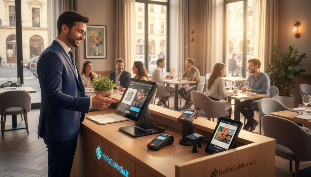 A modern restaurant interior showcasing various POS systems, including sleek touchscreen terminals and digital payment devices, prominently displayed on countertops. In the foreground, a professional staff member in business attire interacts with a POS terminal, highlighting ease of use. The middle ground features elegantly arranged tables with diners enjoying their meals, as digital menus and payment displays subtly blend into the atmosphere. In the background, large windows let in warm, natural light, enhancing the inviting ambiance. The overall mood is lively yet professional, illustrating the efficiency and innovation of restaurant management systems. The imagery represents the essence of the restaurant industry in 2026, emphasizing technology and customer service excellence, with the brand name "HoReCaMedia.it" subtly incorporated into the design elements.