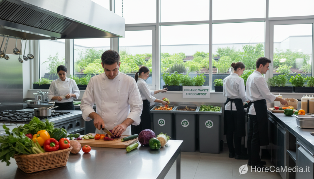 A modern restaurant kitchen bustling with activity, showcasing sustainable practices. In the foreground, a professional chef in a crisp white coat is preparing fresh, locally sourced vegetables, emphasizing farm-to-table principles. In the middle ground, kitchen staff are cleaning and sorting organic waste for composting, highlighting waste reduction efforts. The background features large windows that let in natural light, enhancing the vibrant colors of the ingredients while revealing a green rooftop garden thriving with herbs and plants. The atmosphere is dynamic yet harmonious, reflecting both productivity and environmental consciousness. The image captures the essence of sustainability in the restaurant industry, illustrating why these practices are vital. Include the logo of "HoReCaMedia.it" subtly in the corner, ensuring it does not distract from the scene.