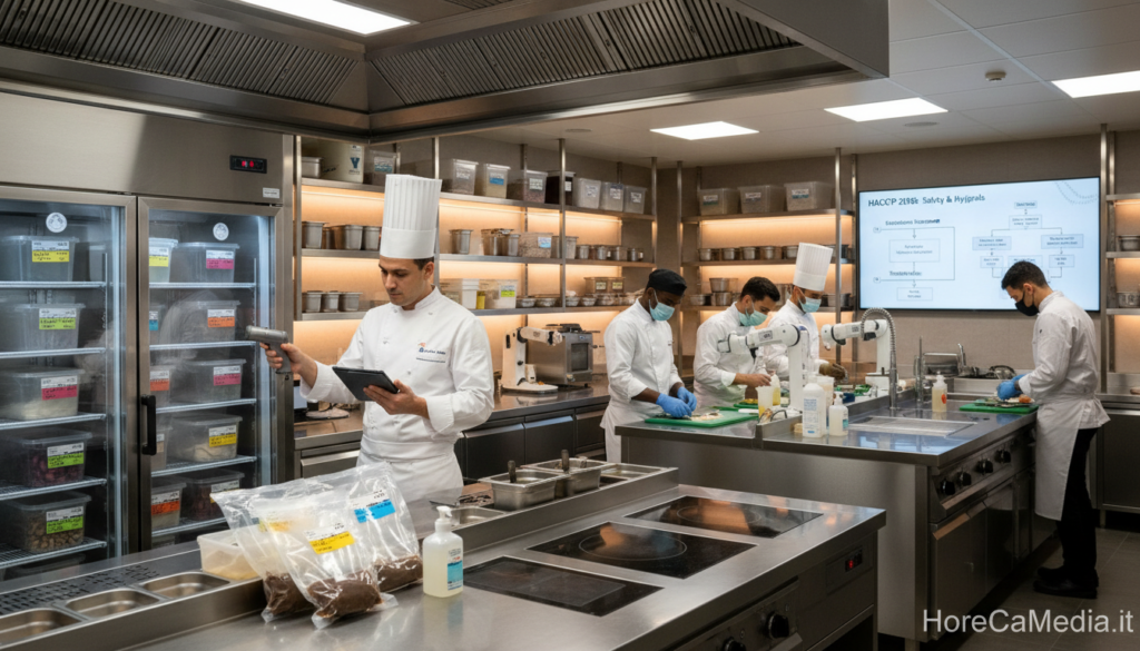 A modern restaurant kitchen showcasing the latest HACCP procedures for 2026, focusing on safety and hygiene. In the foreground, a professional chef in a white chef's coat and tall hat inspects food items during a safety check, ensuring proper labeling and storage. In the middle ground, a busy kitchen staff members are skillfully working with fresh ingredients, maintaining cleanliness and organization, with stainless steel countertops and high-tech kitchen equipment visible. The background features shelves filled with neatly organized food supplies, and a large HACCP compliance chart is mounted on the wall. Soft, warm lighting bathes the scene, creating an inviting yet professional atmosphere. The branding "HoReCaMedia.it" appears subtly in the corner.